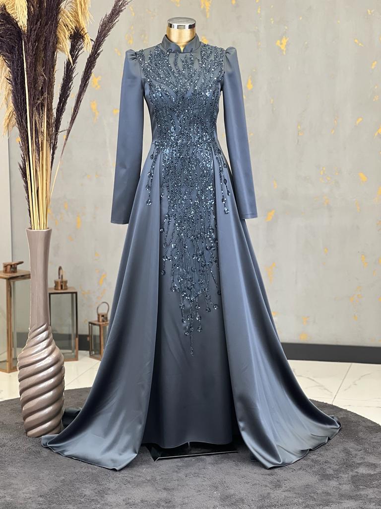 Anthracite - Fully Lined - Crew neck - Modest Evening Dress CherinesBoutique Anthracite - Fully Lined - Crew neck - Modest Evening Dress CherinesBoutique